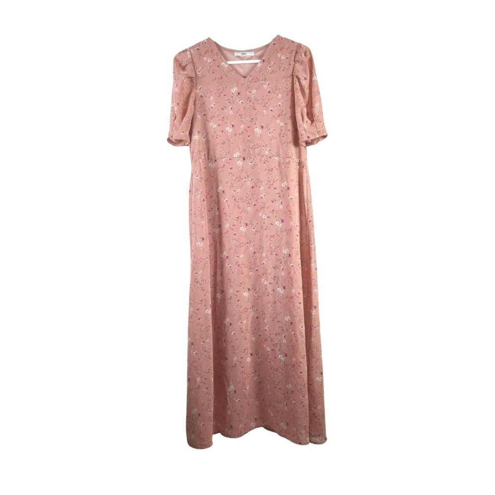 Women's Sz S Smokey Pink Floral Lined Maxi Flowing Short Sleeve Dress